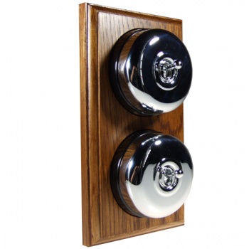 2 Gang 2 Way Medium Oak Wood, Polished Chrome Dome Period Switch